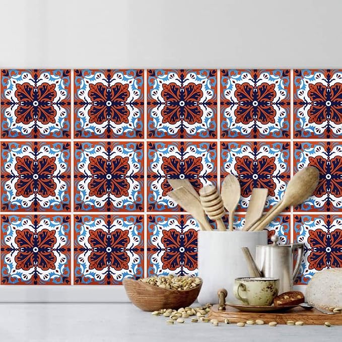 DICOFUN 32 Colorful Talavera Mexican Tile Peel and Stick Backsplash, 6" x 6" Waterproof Stick on Wall Tiles (Style 7)