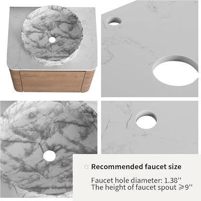 LKTART 24 Inch Floating Bathroom Vanity with Sink, Modern Wall Mounted Bathroom with Soft Close Door, Stone Round Ceramic Basin and Sintered Stone Top