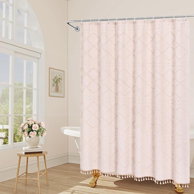 Extra Long Light Pink Boho Woven Fabric Shower Curtain with Tassel 72 x 84, Pink Bohemia Tufted Chevron Striped Chic Textured, Modern Farmhouse Minimalist Waterproof Curtain for Bathroom