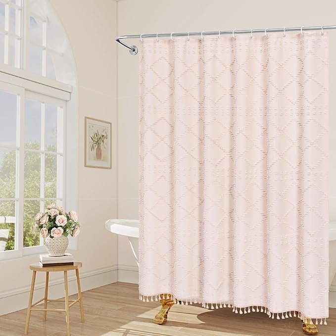 Light Pink Boho Fabric Shower Curtain with Tassel 72x78, Tufted Textured | Modern Farmhouse Curtain for Bathroom, Long Bathroom Curtain, Minimalist Decor, Waterproof