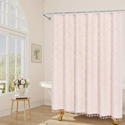 Light Pink Boho Fabric Shower Curtain with Tassel 72x78, Tufted Textured | Modern Farmhouse Curtain for Bathroom, Long Bathroom Curtain, Minimalist Decor, Waterproof