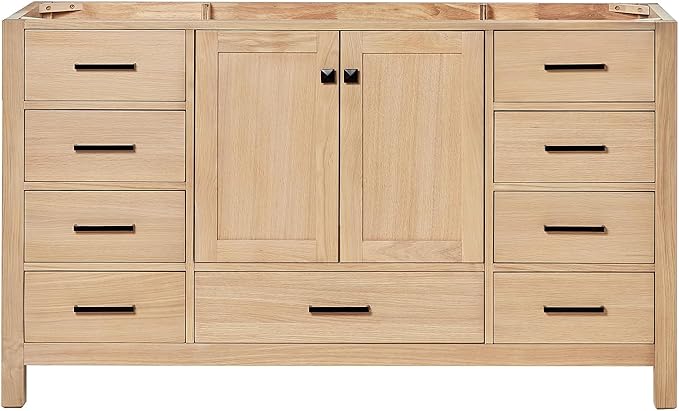 ARIEL Cambridge 60-inch Bathroom Vanity Base Cabinet,Solid Wood, 2 Soft Closing Doors, 9 Dovetail Drawers, White Oak