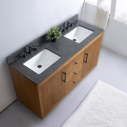 Vanity Art 60 inch Double Sink Bathroom Vanity, Solid Poplar Wood, Vanity Cabinet with Doors and Shelf, Modern Wood Bathroom Vanity with Black Marble Top, 3 Functioning Drawers, VA70-60-DT-B