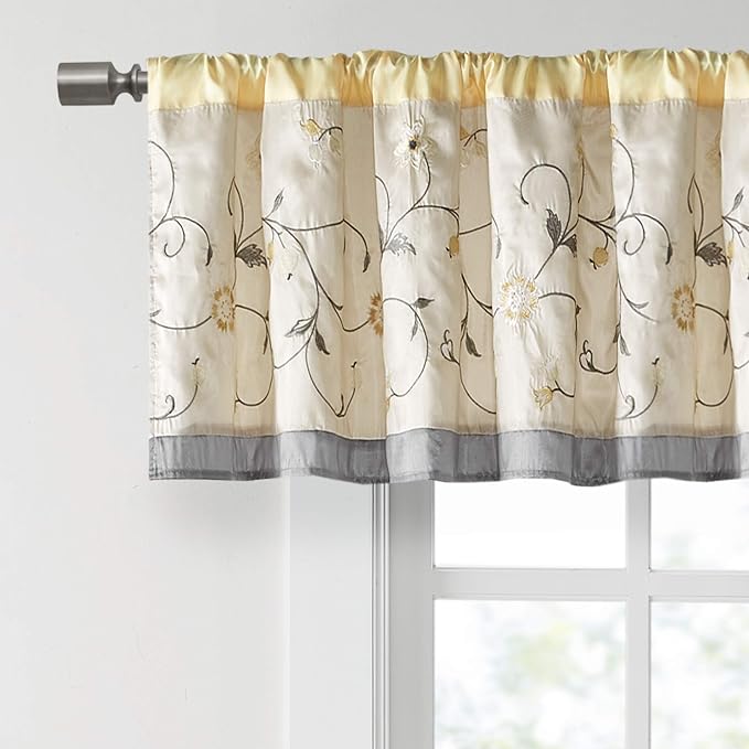Madison Park Embroidered Window Valance, 50"x18", Yellow | Light Filtering Rod Pocket Window Treatment Curtain, Window Panel Drape for Bedroom Living Room and Dorm