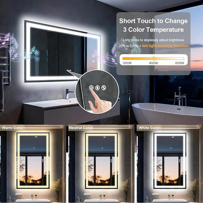 40"x28" LED Bathroom Mirror with Lights,Bluetooth Dual Speaker | Anti-Fog,3 Color Temperature,Dimmable Brightness,Memory Function,Waterproof,Wall Mount Design,Tempered Glass