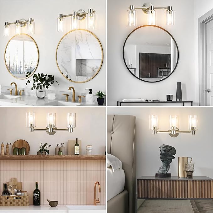 3 Light Bathroom Wall Light Fixtures Chrome Bathroom Wall Sconce with Clear Glass Lights Over Mirror Vanity Lights E26 Base