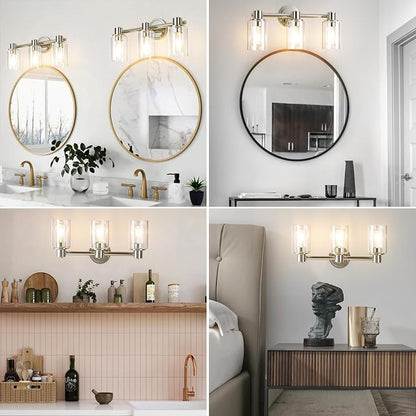 3 Light Bathroom Wall Light Fixtures Chrome Bathroom Wall Sconce with Clear Glass Lights Over Mirror Vanity Lights E26 Base