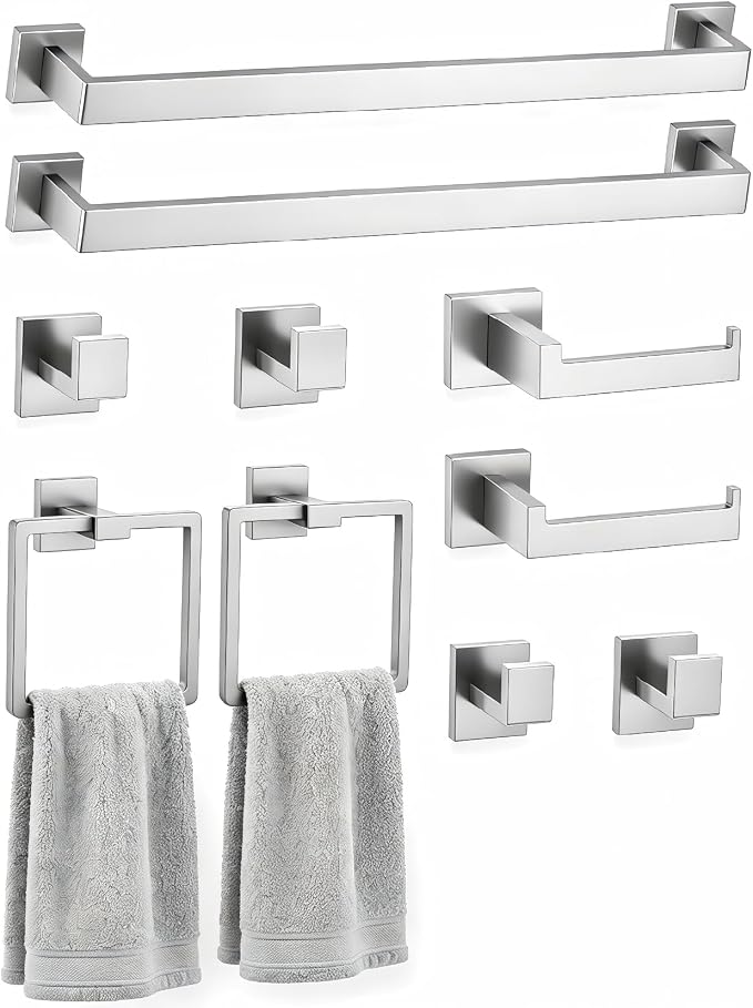 Nevado 10-Piece Wall Mounted Bathroom Hardware Set | Towel Bar, Toilet Paper Holder, Towel Ring& Robe Hook, Brushed Nickel Bathroom Accessories, 23.6‑Inch Towel Bar
