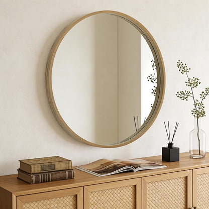 Round Wood Mirror, 36" Round Modern Decoration Large Circle Wall Mirror for Bathroom Living Room Bedroom Entryway, Natural