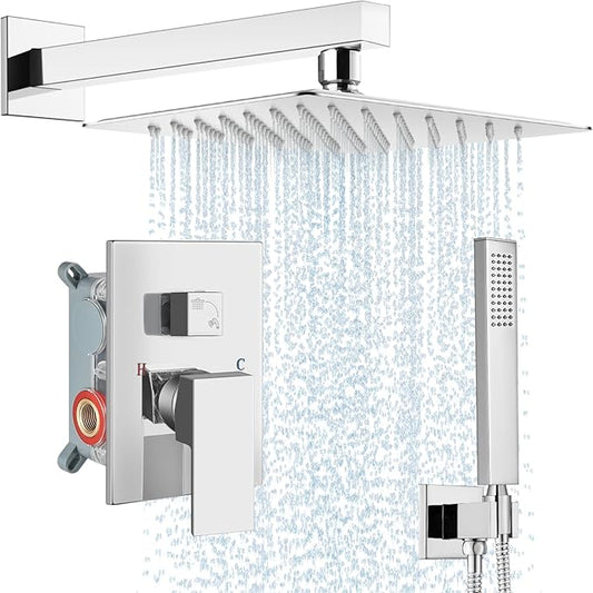 Midanya Shower Faucet Set,Wall Mount Shower System with Square Rain Shower Head and Hand Sprayer, Rough-in Valve Body and Trim Kit Included,12 Inch,Polish Chrome
