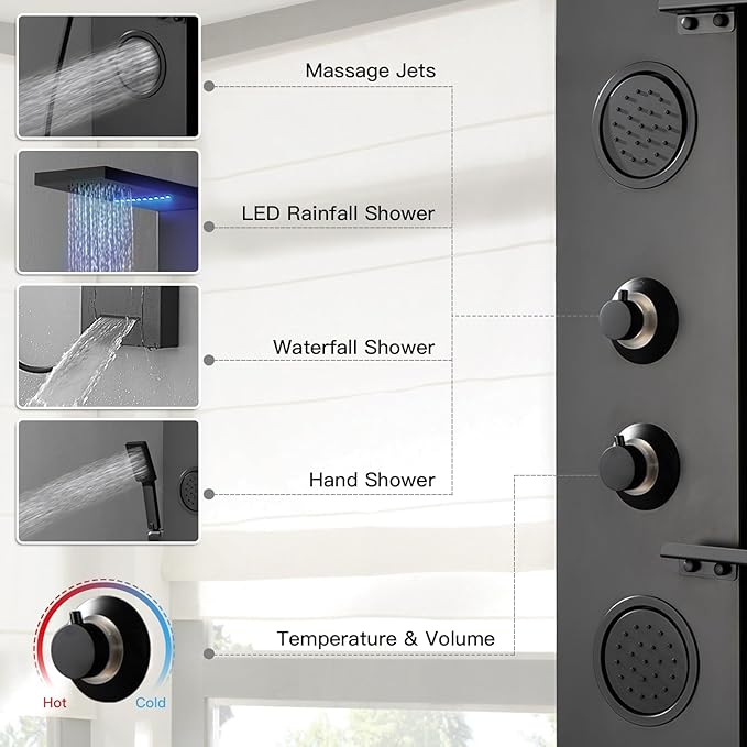 Homevacious 4 In 1 Shower Panel Shelf LED Rainfall Shower Head and Adjustable Massage Body Jets 3-Functions with Handheld Shower Tub Spout Stainless Steel Bathroom Shower Fixtures Matte Black