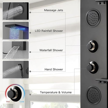 Homevacious 4 In 1 Shower Panel Shelf LED Rainfall Shower Head and Adjustable Massage Body Jets 3-Functions with Handheld Shower Tub Spout Stainless Steel Bathroom Shower Fixtures Matte Black