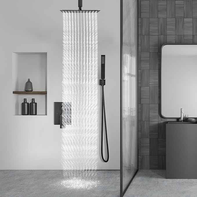 Aolemi Ceiling Mount Shower System Rain Shower Head with Handheld Spray High Pressure Shower Faucet Set Rough-in Valve Shower Trim Kit Included Bathroom Matte Black 10 Inch Ceiling Shower Head