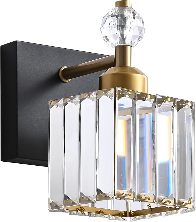 PRESDE Single Crystal Wall Sconce, Modern Black and Gold Vanity Light Fixture, 1-Light Wall Lamp for Bathroom Bedroom Hallway