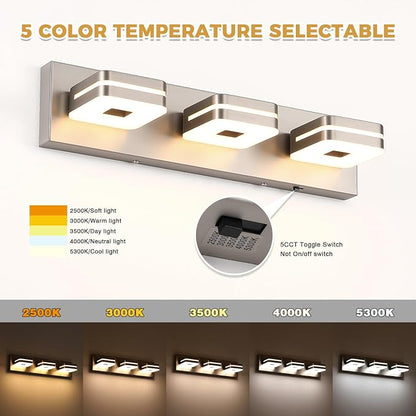 3 Light Bathroom Vanity Light, Brushed Nickel Vanity Light Fixture Over Mirror, Dimmable 5CCT LED, Modern Wall Sconce for Bathroom, Farmhouse Vanity Lights for Mirror, Indoor Use