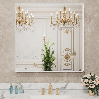 LOAAO 38x38 Inch White Metal Framed Bathroom Mirror | Rounded Rectangle, Anti-Rust, Tempered Glass, Hangs Horizontally or Vertically