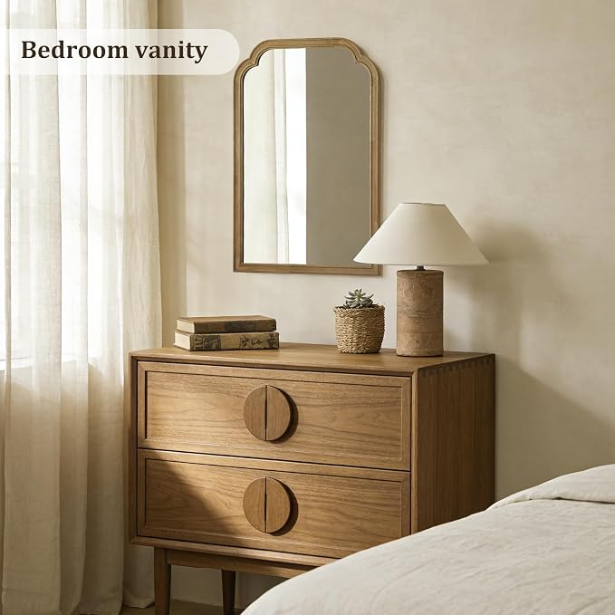 Wood Frame Wall Mirror Rounded Corner Arch Rectangle Mirror for Entryway, Living Room or Bedroom Home Decor - Light Woodgrain [20" x 30" Natural ]