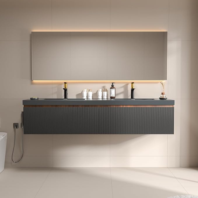 72 Inch Floating Bathroom Vanity with Double Sink, Modern Black Wall Mounted Floating Vanity with Scratch-Resistant Quartz Sand Basin, Soft Closing Drawers, Fully Pre Assembled Bathroom Vanity