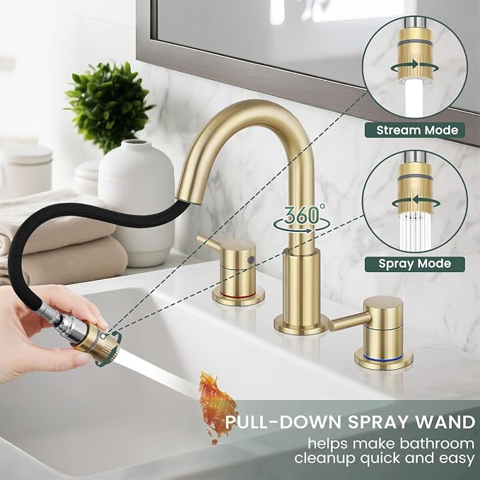 8 Inch Bathroom Faucet 3 Hole Gold Pull Down Bathroom Sink Faucet | Stainless Steel,Two Water Flow Modes,Brushed Nickle,3 hole Widespread,Pop-up Drain,Water Supply Hoses,Pull Down Sprayer,