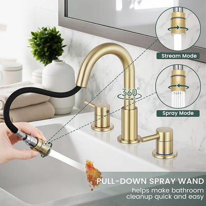 8 Inch Bathroom Faucet 3 Hole Gold Pull Down Bathroom Sink Faucet | Stainless Steel,Two Water Flow Modes,Brushed Nickle,3 hole Widespread,Pop-up Drain,Water Supply Hoses,Pull Down Sprayer,