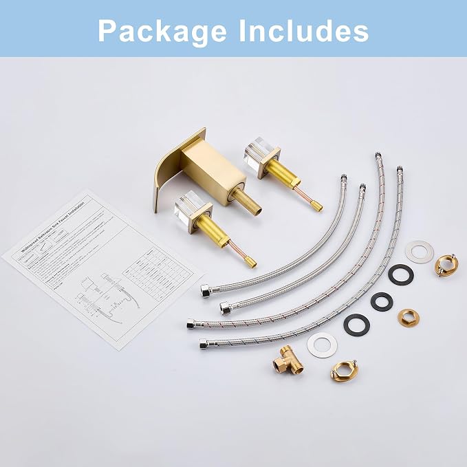 Brushed Gold Waterfall Bathroom Faucet 3 Hole Widespread Sink Faucet with Crystal Handles, Modern Bathroom Sink Faucet, 2 Handle Deck Mount Lavatory Faucet for Vanity Sink