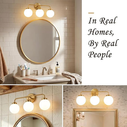 Modern Brushed Gold Vanity Lights for Bathroom, Mid Century 3 Light Bathroom Vanity Light with Globe Milky White Glass Shade Over Mirror, Brass Wall Sconce for Bathroom Hallway Living Room Bedroom