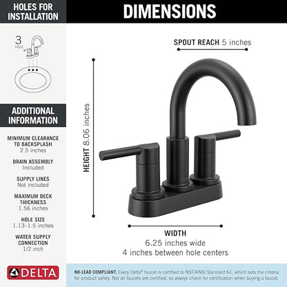 Delta Nicoli Centerset Matte Black Bathroom Faucet, 4 Inch 3 Hole Bathroom Sink Faucet for Vanity, Push-Pop Drain Assembly, Matte Black 25749LF-BL