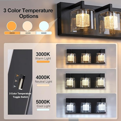 Somniferous 3-Light LED Vanity Light, Modern Bathroom Light Fixtures Over Mirror with Clear Glass Shades, 3000K/4000K/5000K Selectable, Dimmable Matte Black Vanity Lights for Bathroom