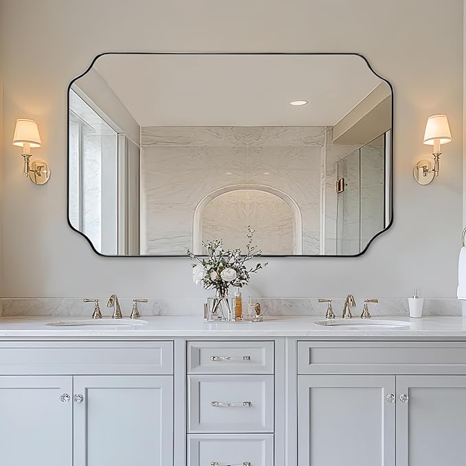 30x48 Inch Chrome Mirror, Large Polished Chrome Rectangle Mirror, Scalloped Edge Design with Anti-Rust Stainless Steel Metal Thin Frame Deep 1’’, Wall-Mount Vertically or Horizontally