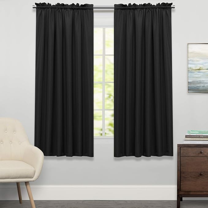 Sweet Home Collection Kitchen Curtains for Windows 40+ Styles & Colors Swag, Valance, Tier Sets & Panels Cafe Curtains for Farmhouse, Rustic, Modern Décor, Ribcord Black, 63" Panel
