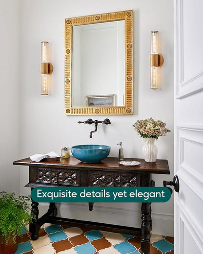 Bathroom Vanity Lighting Fixture, 2-Light Wood Grain Wall Sconce Light Fixture with Clear Glass, E26 Socket Indoor Wall Lamp, Modern Wall Sconce for Mirror Living Room