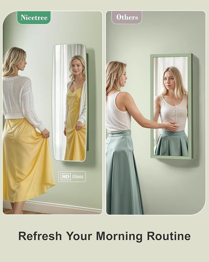 Nicetree Rounded Mirror Jewelry Cabinet, Lockable, Wall Mounted, Green | Hanging Jewelry Armoire Organizer, Rounded Armoire with Full Length Mirror,Wide Mirror with Storage,Gift Idea,Lock