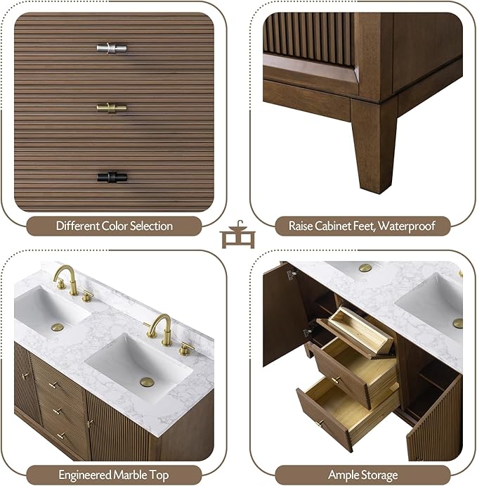 Vanity Art 54" Bathroom Vanity with Double Sink & Arabescato White Engineered Stone Top, Vanity Cabinet with Soft Closing Door, Solid Wood Frame, Golden Brushed Handles, Walnut VA8154D-Walnut-GB