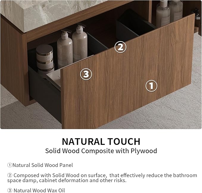 LKTART Floating 36 Inch Bathroom Vanity with Sink, Modern Plywood Wall Mounted Bathroom Storage Cabinet with 1 Door and 1 Drawer, Roma Travertine-Pattern Sintered Stone Countertop and Ceramic Basin