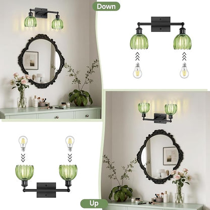 Bathroom Light Fixture,2-Light Vintage Bathroom Sconces Over Mirror, Black Fancy Vanity Lights, Flower Light Fixture with Green Tulip Glass Shade for Bedroom, Living Room, E26 Base