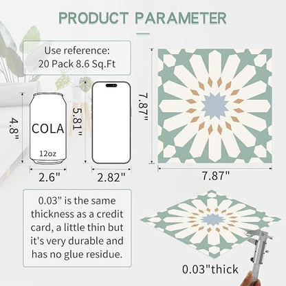 MORCART 20PCS 7.87" x 7.87" Peel and Stick Floor Tile,Aqua Mist Floral Look | Self-Adhesive DIY Vinyl Flooring, Removable and Waterproof Tile Sticker for Bathroom, Kitchen, Wall, Bedroom, Stairs