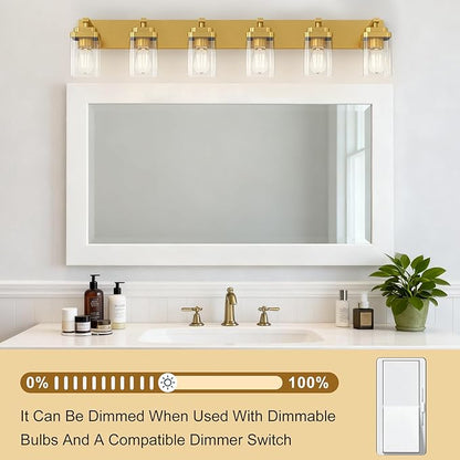 Brushed Gold Bathroom Light Fixtures, 6 Lights Bathroom Lighting Fixtures Over Mirror, Square Design & Rectangle Large Backplate, Modern Vanity Lighting Fixtures, for Living Room/Bedroom