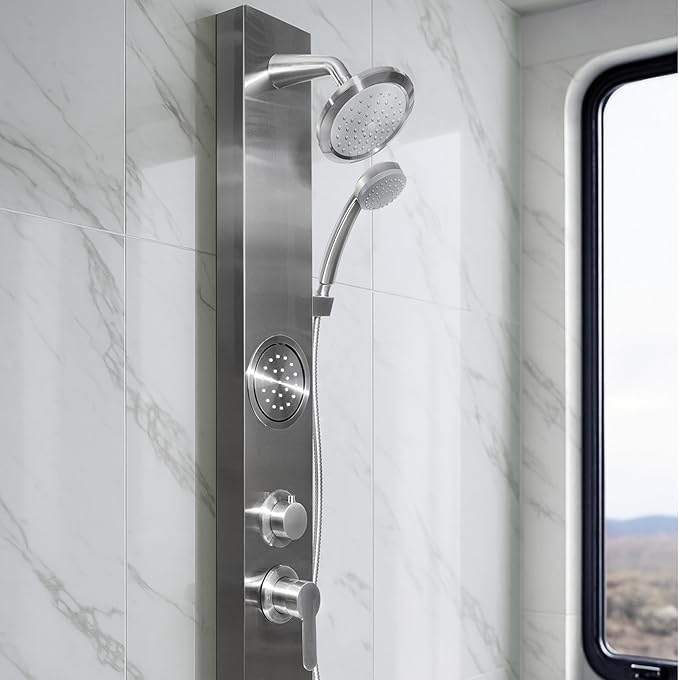Dura Faucet (DF-SA914-SN) Premium RV Shower Panel Column – Satin Nickel, 4 Spray Options with Adjustable Body Sprayers, Overhead Shower & Handheld Wand – Water-Saving, Easy Install RV Shower System