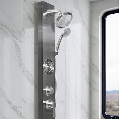 Dura Faucet (DF-SA914-SN) Premium RV Shower Panel Column – Satin Nickel, 4 Spray Options with Adjustable Body Sprayers, Overhead Shower & Handheld Wand – Water-Saving, Easy Install RV Shower System