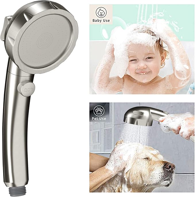 KAIYING Drill-Free High Pressure Handheld Shower Head with ON/OFF Switch, 3 Spray Modes - Brushed Nickel | 3 Spray Modes with ON/OFF Switch, Detachable Dog Shower Attachment, Pet Shower Wand with Bracket & Hose, Brushed Nickel