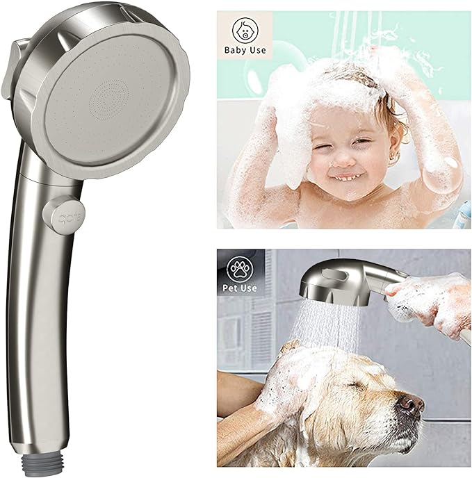 Brushed Nickel High Pressure Handheld Shower Head with ON/OFF Switch, 3 Spray Modes, Adjustable Angle Bracket, and Hose | 3 Spray Modes Shower Wand with Shut Off Button, Camper & RV Showerhead with Hose & Angle Adjustable Bracket, Brushed Nickel