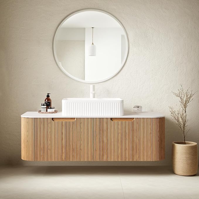 48" Bathroom Vanity with Sink, Floating Plywood Bathroom Vanities with Rectangular Ceramic Basin and Marble Top, 2 Large Soft-Closing Storage Drawers, Pre-Assembled Cabinet, Nature Wood