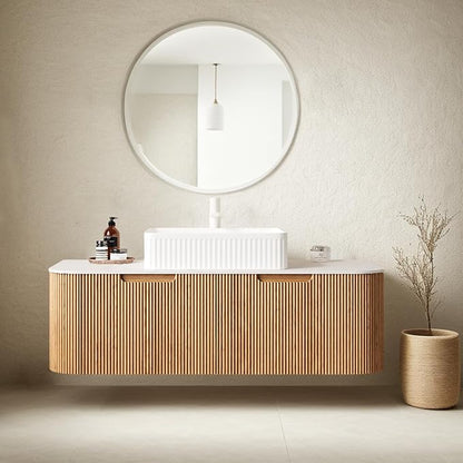 48" Bathroom Vanity with Sink, Floating Plywood Bathroom Vanities with Rectangular Ceramic Basin and Marble Top, 2 Large Soft-Closing Storage Drawers, Pre-Assembled Cabinet, Nature Wood