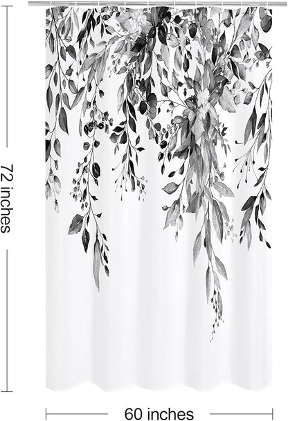 Black Eucalyptus Shower Curtain, Watercolor Floral Print, 60x72 | Watercolor Plant Leaves Floral Print, Stall Waterproof Fabric Bathroom Decor, Machine Washable, Rustproof Grommets