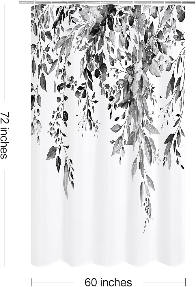Grey Eucalyptus Shower Curtain, Watercolor Floral Print, 60x72 | Watercolor Plant Leaves Floral Print, Stall Waterproof Fabric Bathroom Decor, Machine Washable, Rustproof Grommets