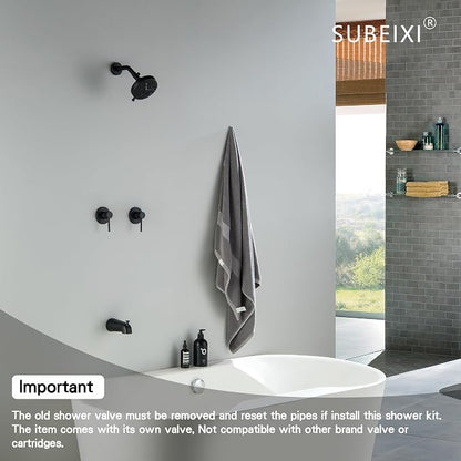 2 Handle Shower Faucet Set with Tub Spout Matte Black Two Handles Shower Faucet Set Bathtub Shower Faucet Combo, Wall Mount