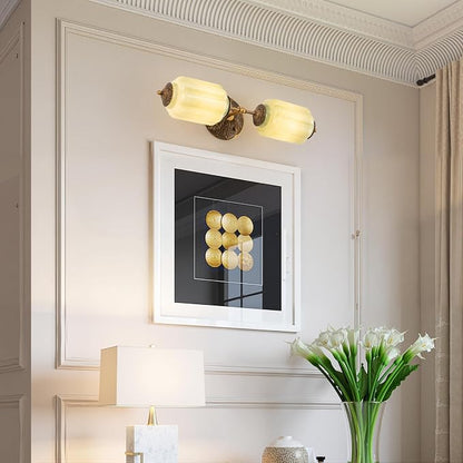 Vintage Milk Glass Bathroom Vanity Light, 2-Light Vintage Wall Sconce with Antique Brass Finish Base & Green Glass Shad, Wall Sconce Lighting for Mirror, Living Room, Gallery (Bulbs Included)