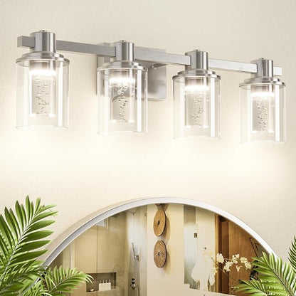 Quntis Brush Nickle Bathroom Lighting Fixtures with 5 Color Mode, 4-Light Dimmable Modern Bathroom Vanity Light Over Mirror, 28 Watt Eye Protection LED Wall Lamp 27 Inch (UL Certified, Bulbs Included)