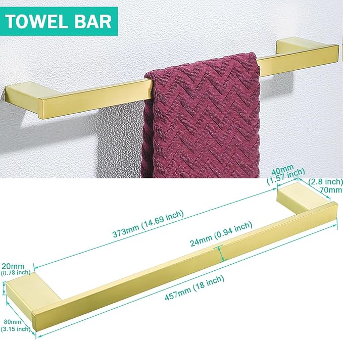 Brushed Gold Bathroom Hardware Set, 18-Inch Towel Bar Set Wall Mounted | Durable SUS304 Stainless Steel Bathroom Accessories Set, 4-Piece,18 inch Towel Bar, Robe Towel Hooks, Toilet Paper Holder