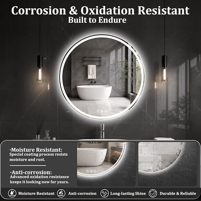Round LED Bathroom Mirror, 28 Inch, HD Shatterproof Tempered Glass | Lighted Bathroom Mirror with Dimmable Lights Bathroom Mirror with Lights for Wall, 3 Color Temperatures